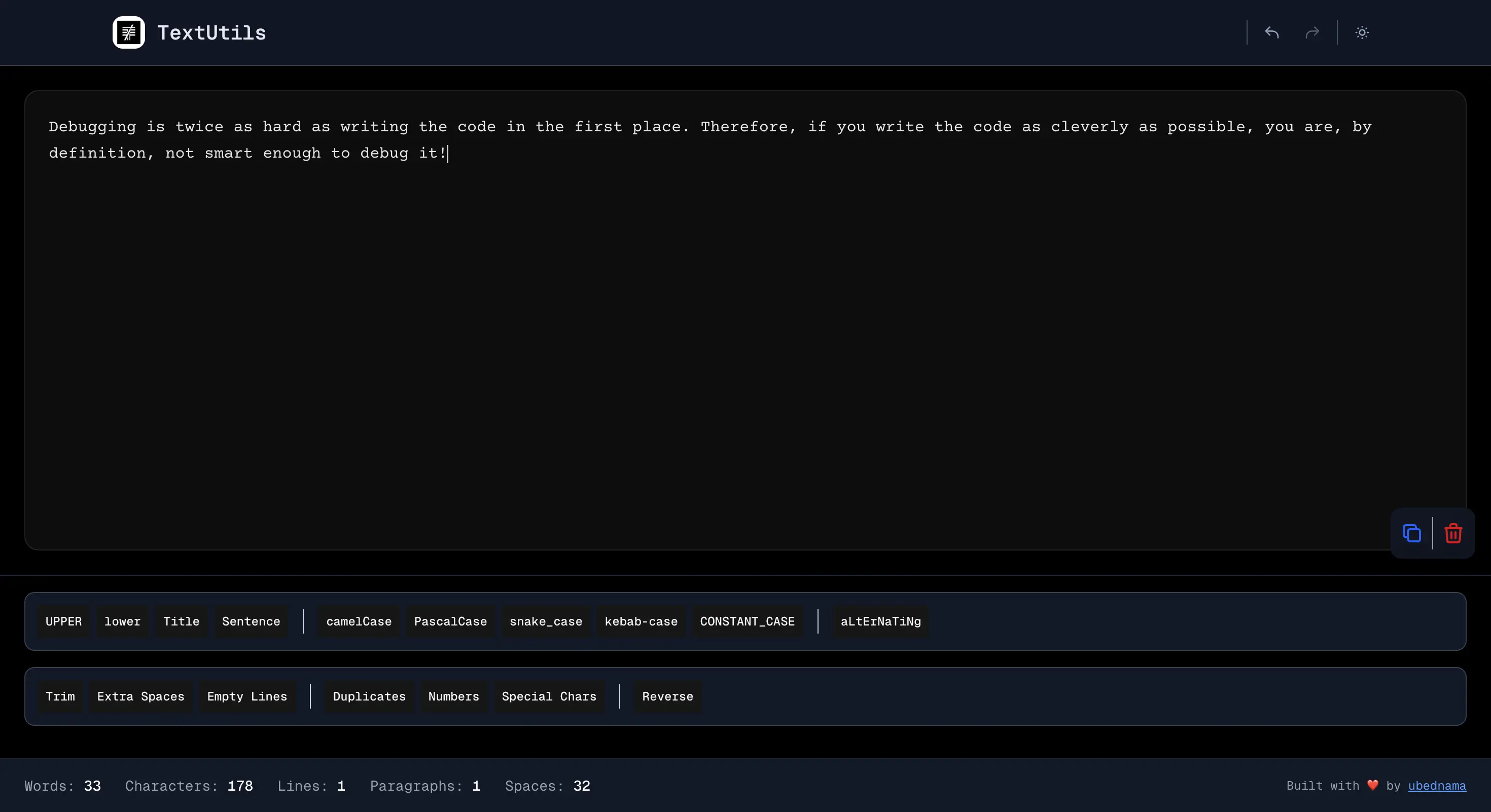 Text Utils — live text transformation tools interface